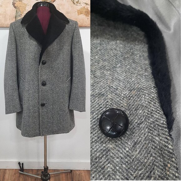 Pendleton Wool - Men's gray herringbone peacoat w/ faux fur collar - Picture 1 of 15
